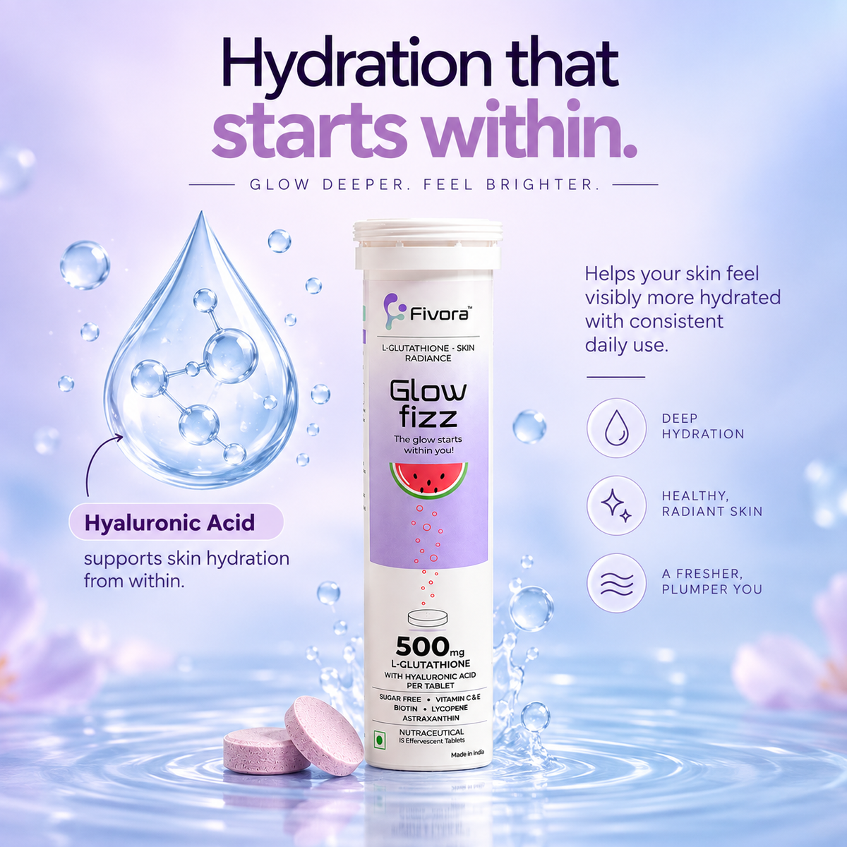 Fivora Glow Fizz — L-Glutathione Effervescent Tablets with Hyaluronic Acid (15 Tabs)