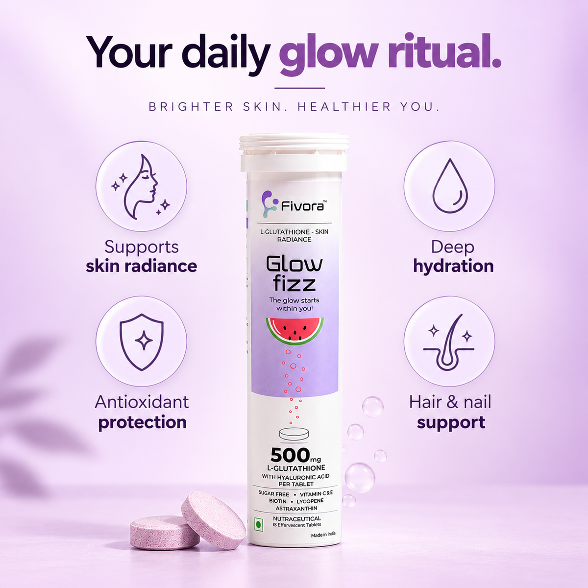 Fivora Glow Fizz — L-Glutathione Effervescent Tablets with Hyaluronic Acid (15 Tabs)