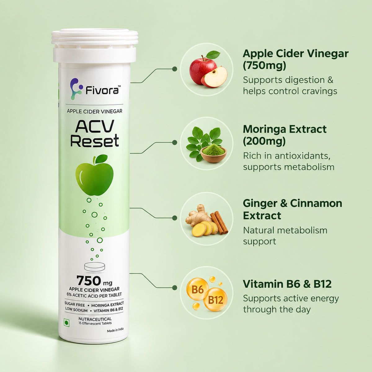 Fivora ACV Reset — Apple Cider Vinegar Effervescent Tablets (15 Tabs)