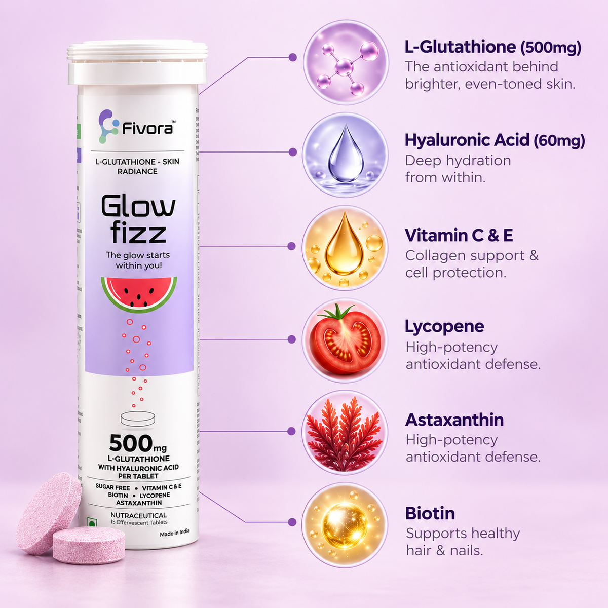 Fivora Glow Fizz — L-Glutathione Effervescent Tablets with Hyaluronic Acid (15 Tabs)